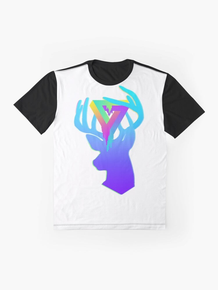 Deer silhouette design in neon colors on a graphic t-shirt, inspired by vaporwave aesthetics. - Flat lay