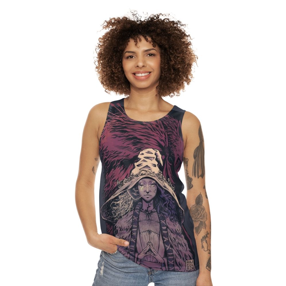 Desaturated unisex tank top featuring Ranni and Blaidd from Elden Ring - women