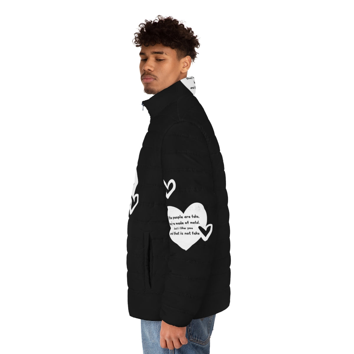 Young Royals Quotes Puffer Jacket featuring characters Wilhelm and Simon from the Netflix series - men side left