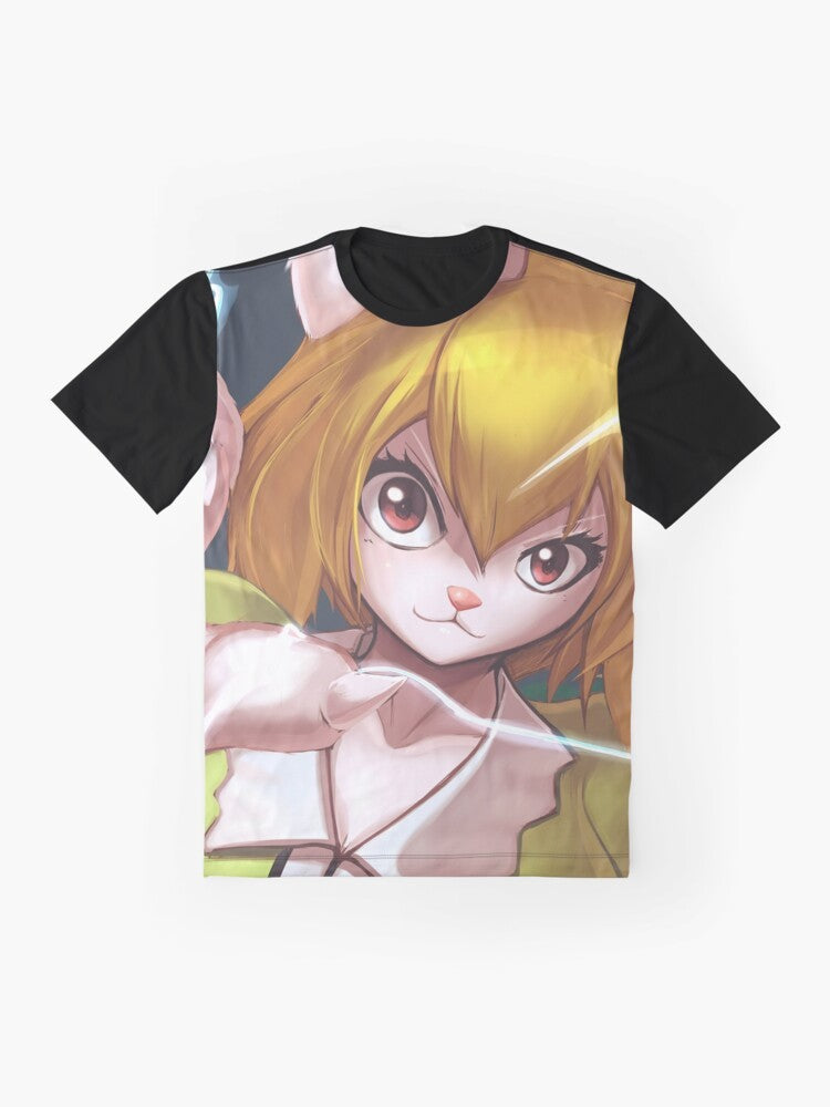 Carrot graphic design on a white t-shirt with anime-inspired girl, bunny, and mink elements. - Flat lay