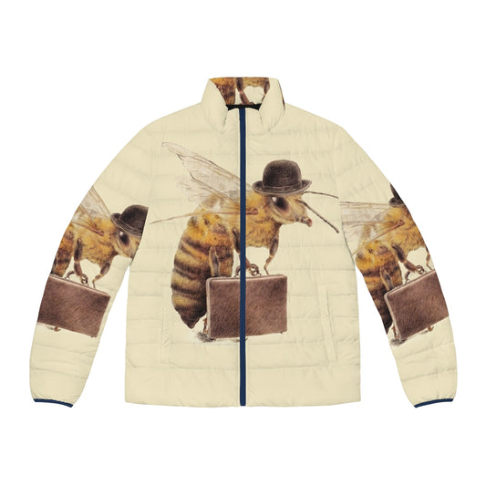 Worker Bee Puffer Jacket with Funny, Cute Vintage-Inspired Insect Office Wear Graphics