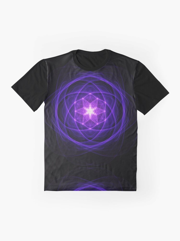 Sacred geometry indigo energy t-shirt with flower of life, Metatron's Cube, and other spiritual symbols - Flat lay