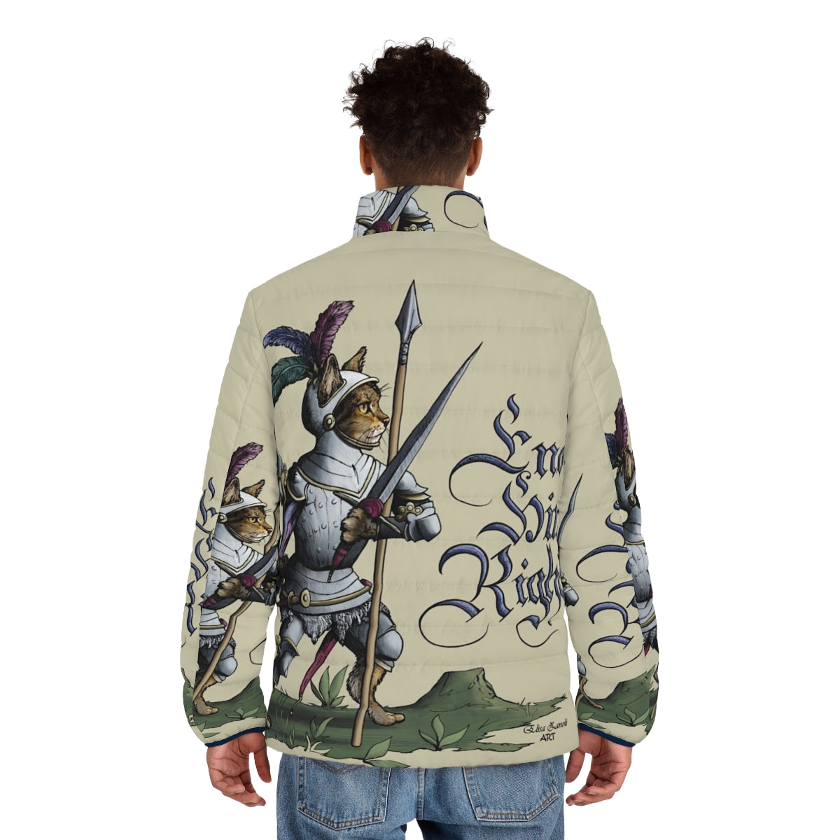 Hemanimals medieval-inspired puffer jacket with cats and historical fencing imagery - men back