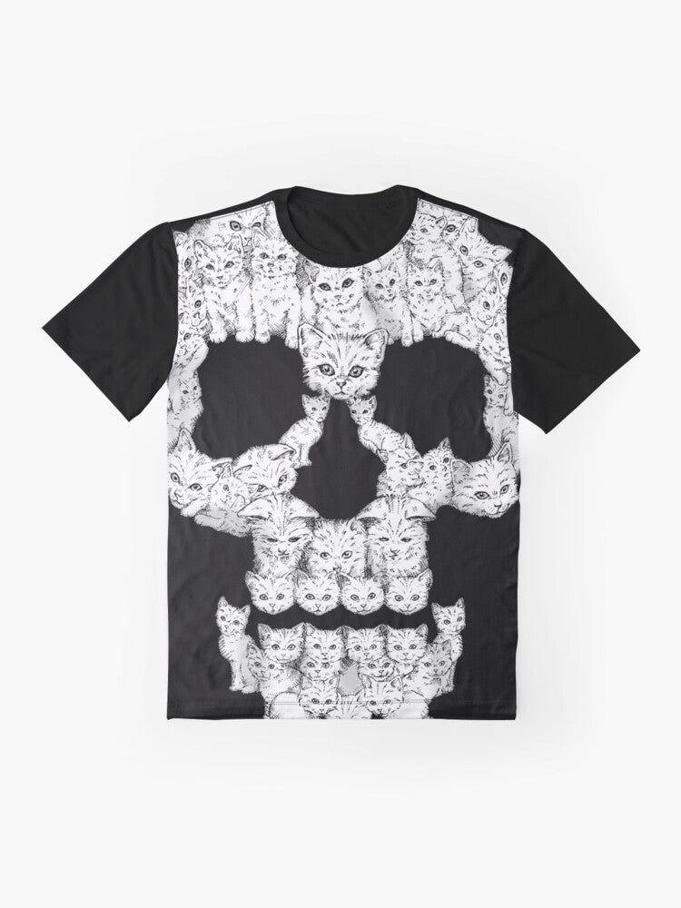 A graphic t-shirt featuring a tough-looking skull design with cute kittens. - Flat lay