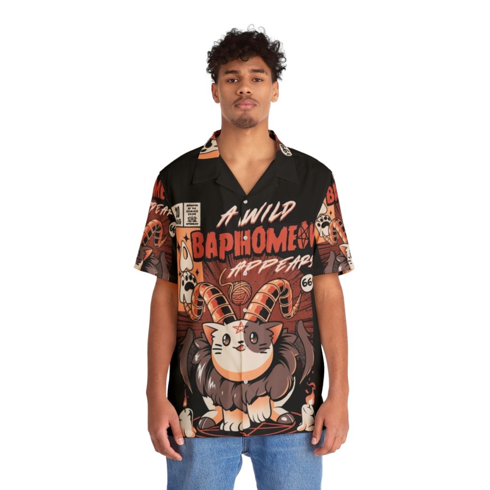 Baphomeow Hawaiian Shirt with Cute Cat and Baphomet Inspired Design - People Front