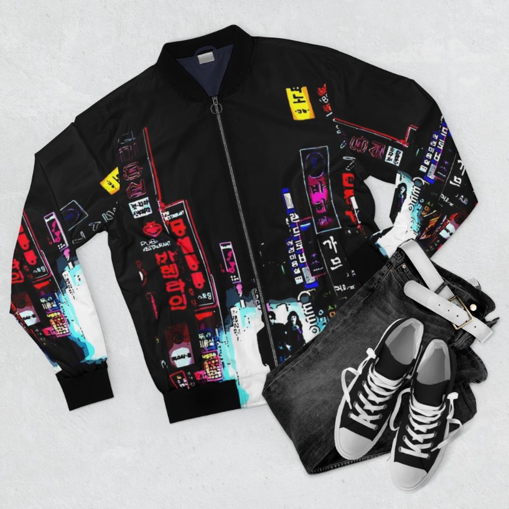 Retro bomber jacket with 'Oldboy' movie-inspired design - Flat lay