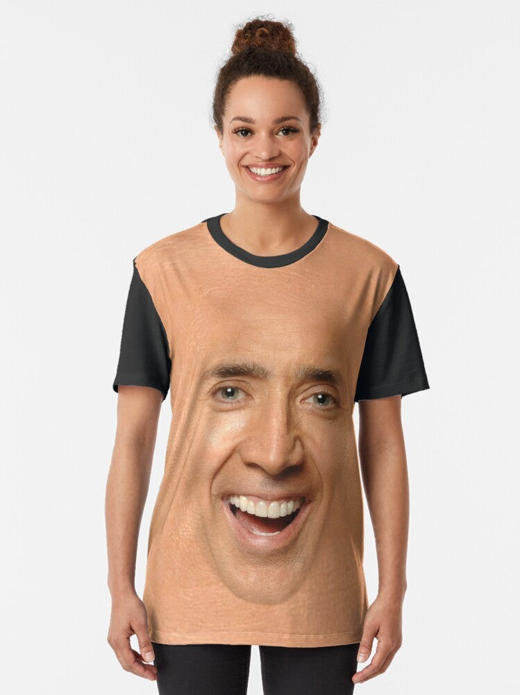 Nicolas Cage Graphic T-Shirt featuring a funny meme design - Women