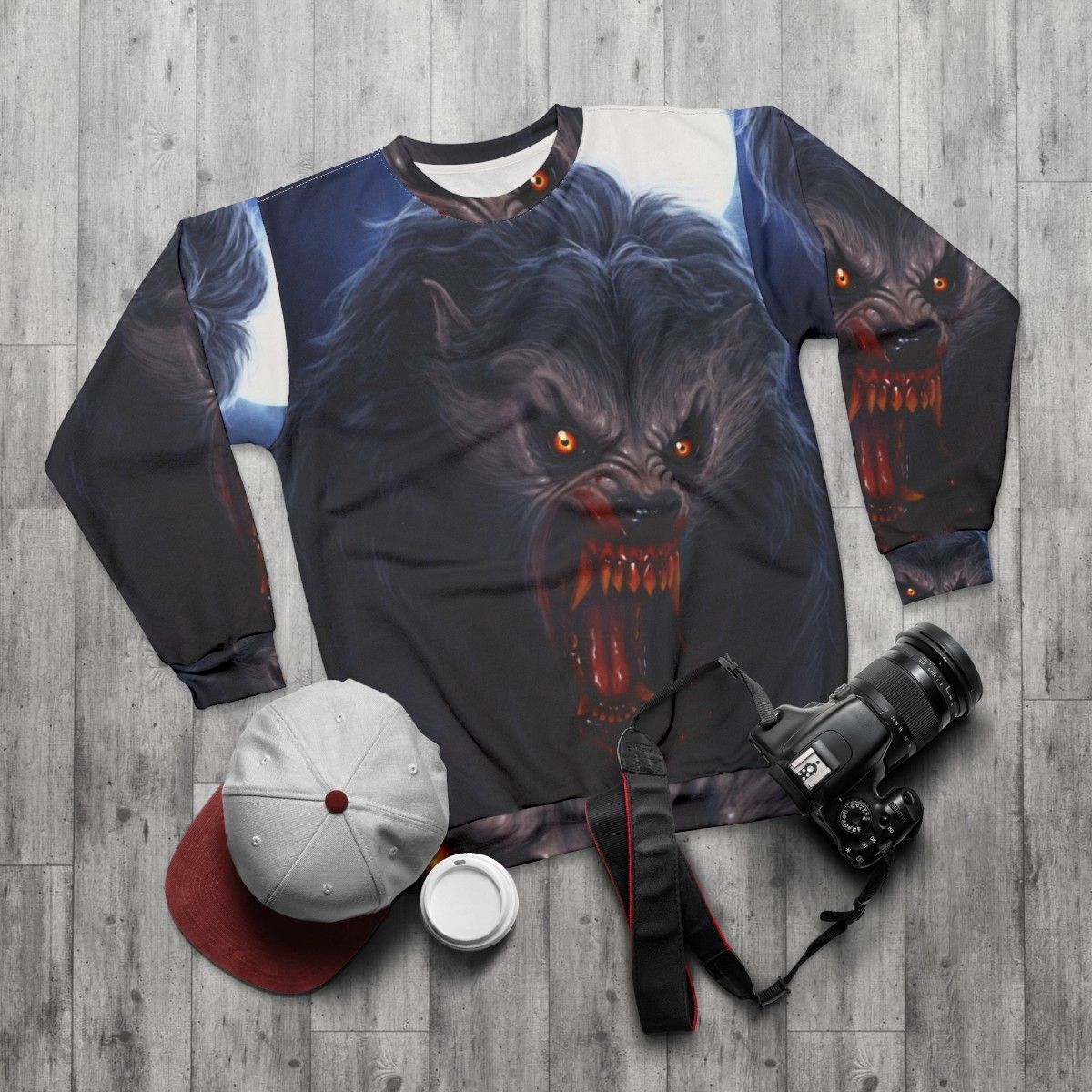 Beware the Moon werewolf horror sweatshirt - flat lay