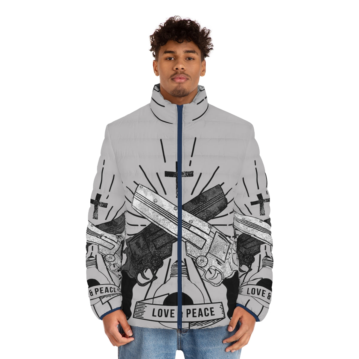 Trigun anime-inspired puffer jacket with "Love and Peace" design - men front