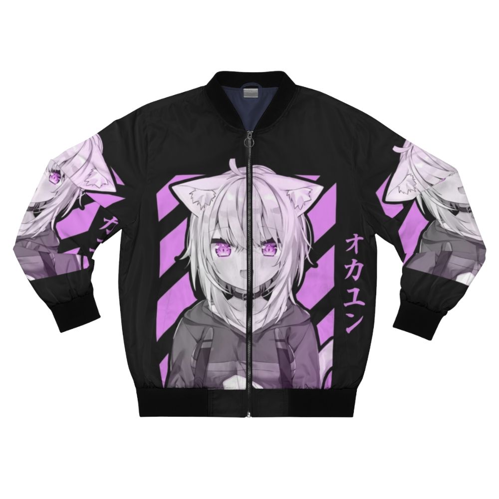 Nekomata Okayu design anime-themed bomber jacket with cat ears and colorful graphics