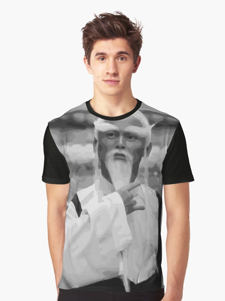 Vintage-style graphic t-shirt featuring the iconic character "Master Pai Mei" from the cult classic TV show. - Men