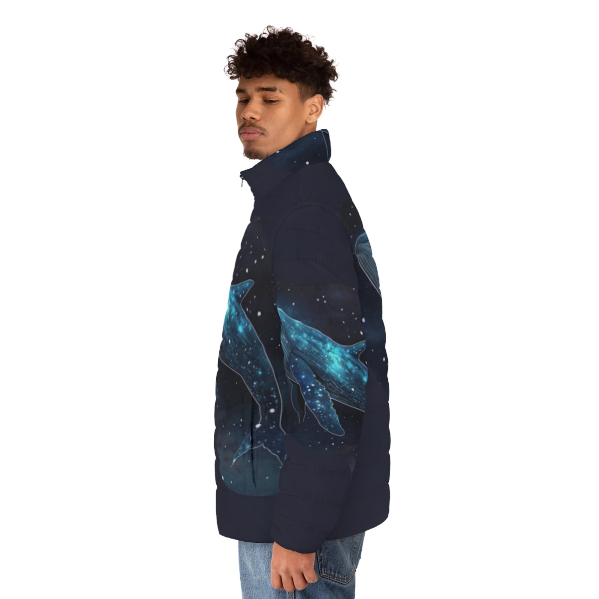 Puffer jacket featuring vibrant designs of legendary oceanic beasts and mythical sea creatures - men side left