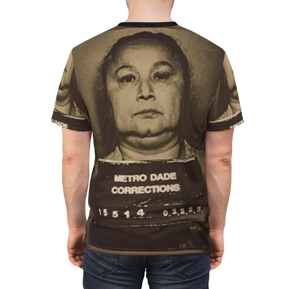 Griselda Blanco inspired all-over-print t-shirt design featuring the crime boss known as the "Black Widow" - men back