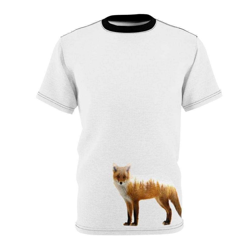 Stylish t-shirt featuring a double exposure design of a majestic forest fox against a nature backdrop