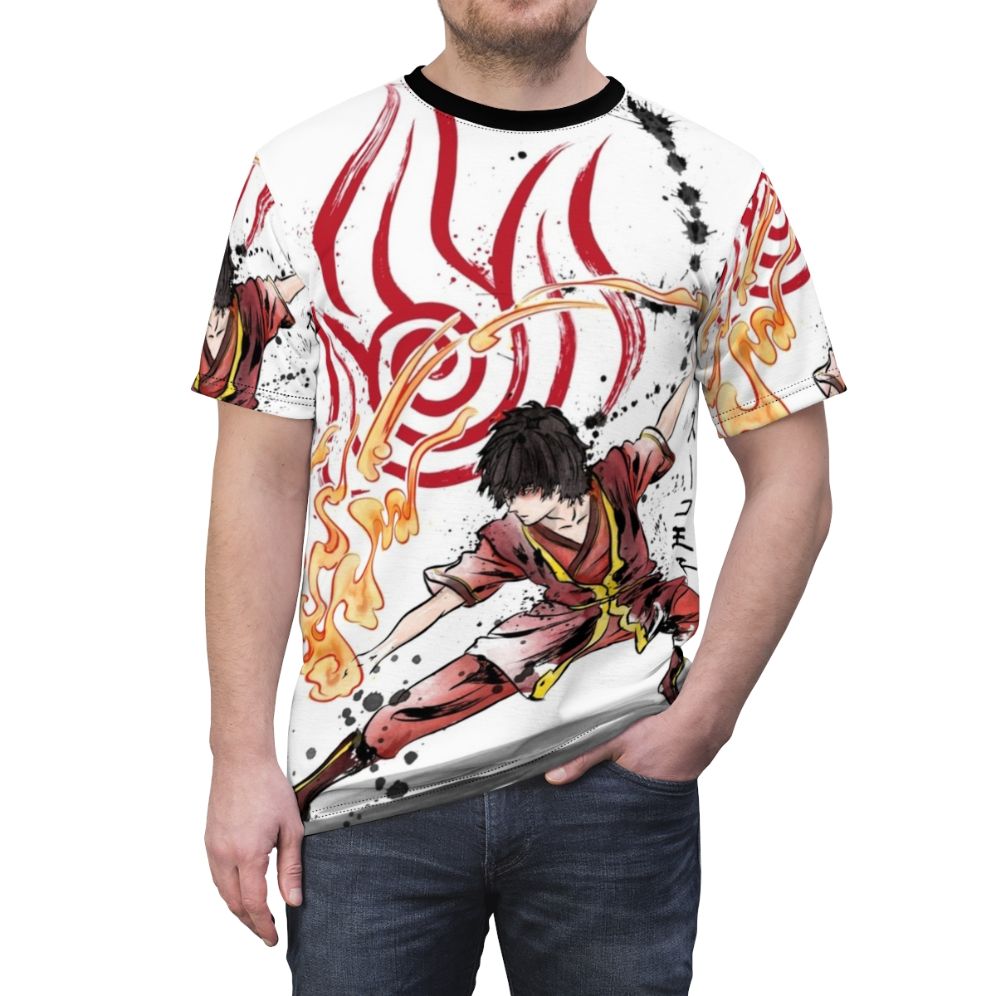 Person wearing a t-shirt featuring a colorful graphic design inspired by the Avatar universe, including elements of fire, water, earth, and air. - men front