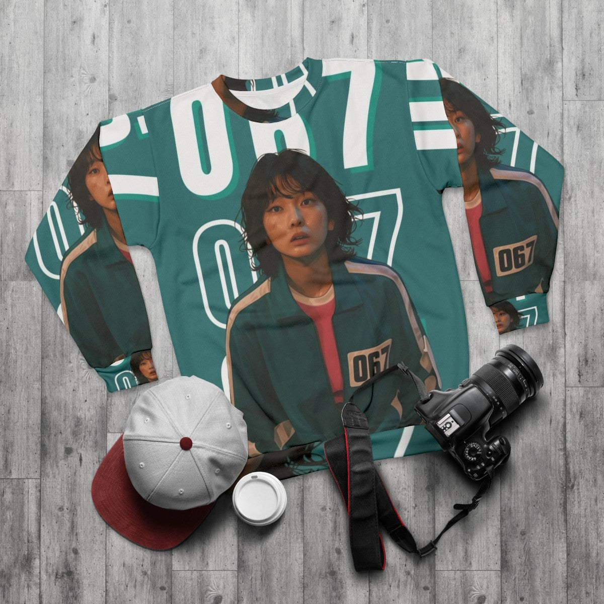 Squid Game Player 067 Kang Sae Byeok Sweatshirt - flat lay