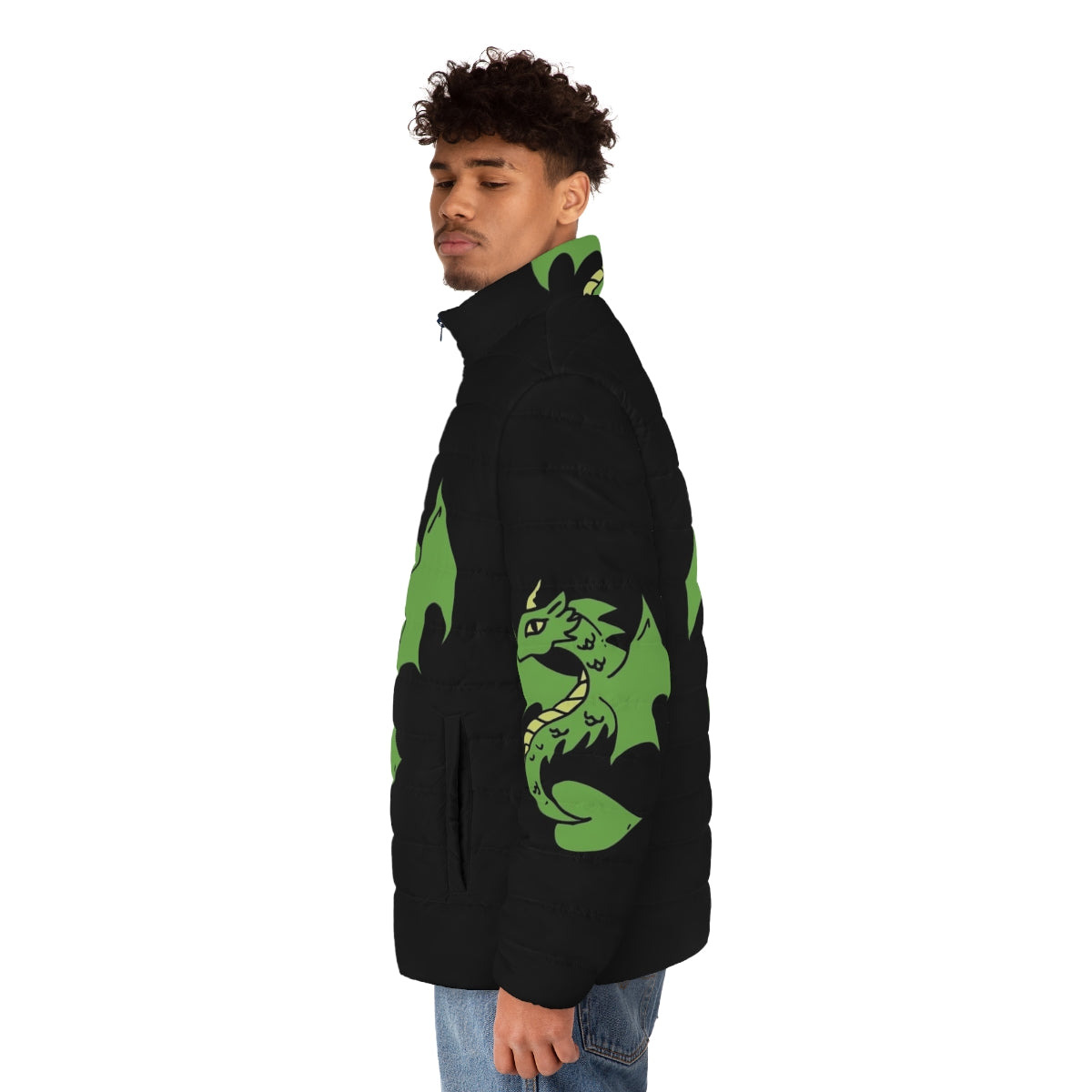 A stylish green dragon puffer jacket for fantasy and geek enthusiasts - men side left