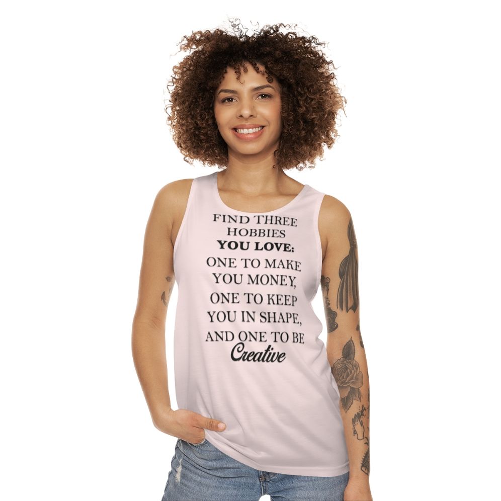 Unisex tank top with "Find Free Hobbies" design - women