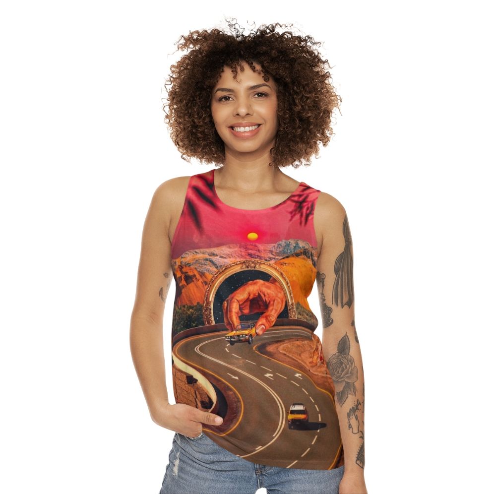 Colorful surreal unisex tank top with retro futuristic design featuring cars and space elements - women