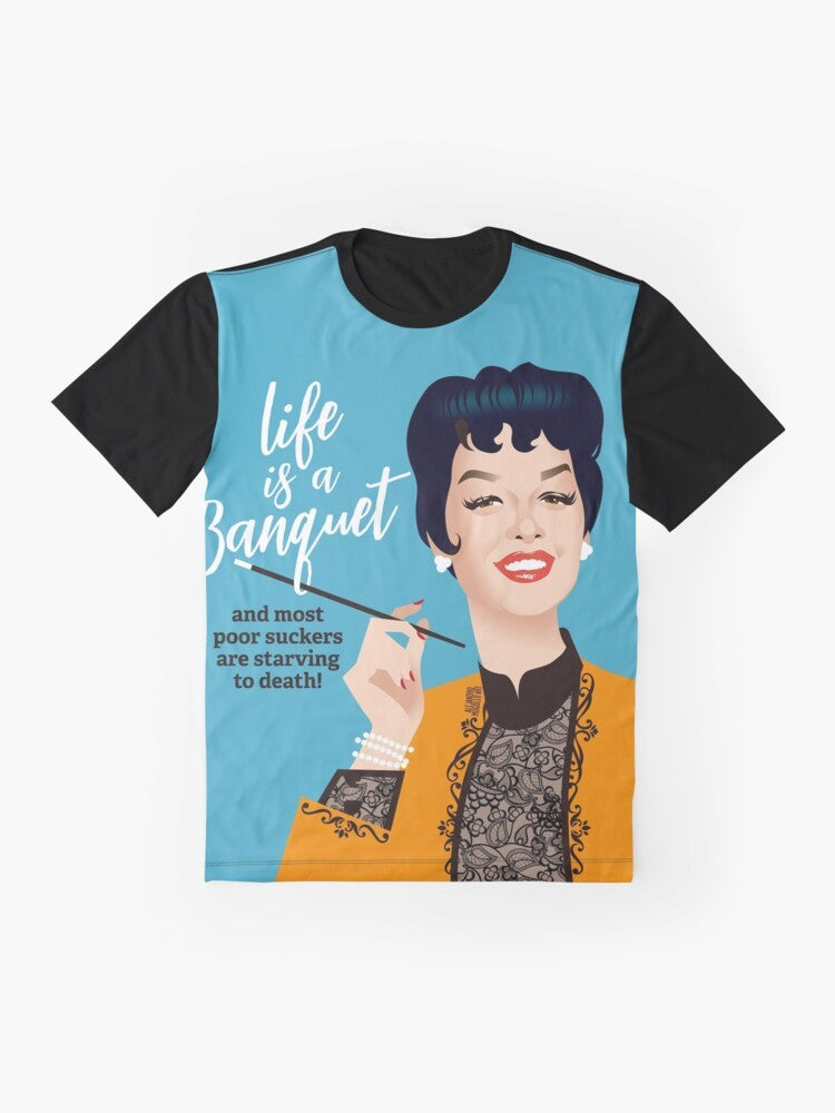 "Banquet!" graphic t-shirt design featuring Rosalind Russell's iconic quote from the movie "Auntie Mame" - Flat lay