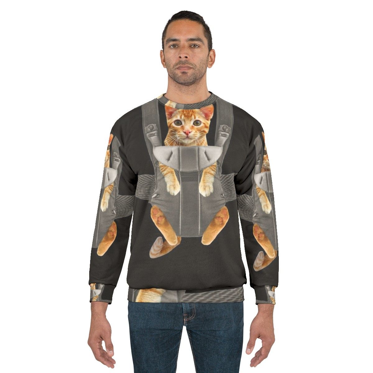 Monty the cat wearing a baby carrier on a sweatshirt - men