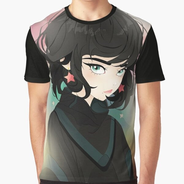 A fashionable star graphic t-shirt featuring a digital illustration of a Japanese woman with big eyes in an anime style.