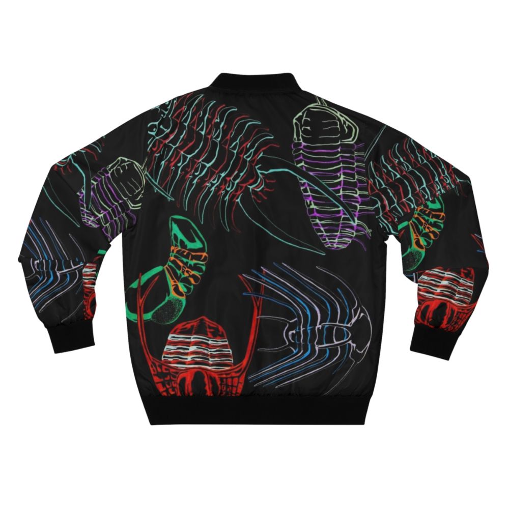 Colorful bomber jacket with hand-drawn trilobite fossil illustrations in a rainbow design - Back