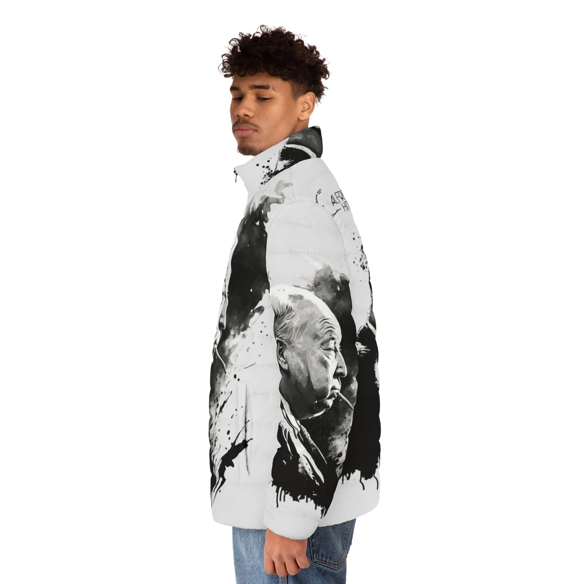 Model wearing black and white puffer jacket with Alfred Hitchcock drawing - men side left