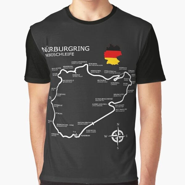 Graphic t-shirt featuring the iconic Nürburgring Nordschleife racetrack, a legendary motorsports destination.