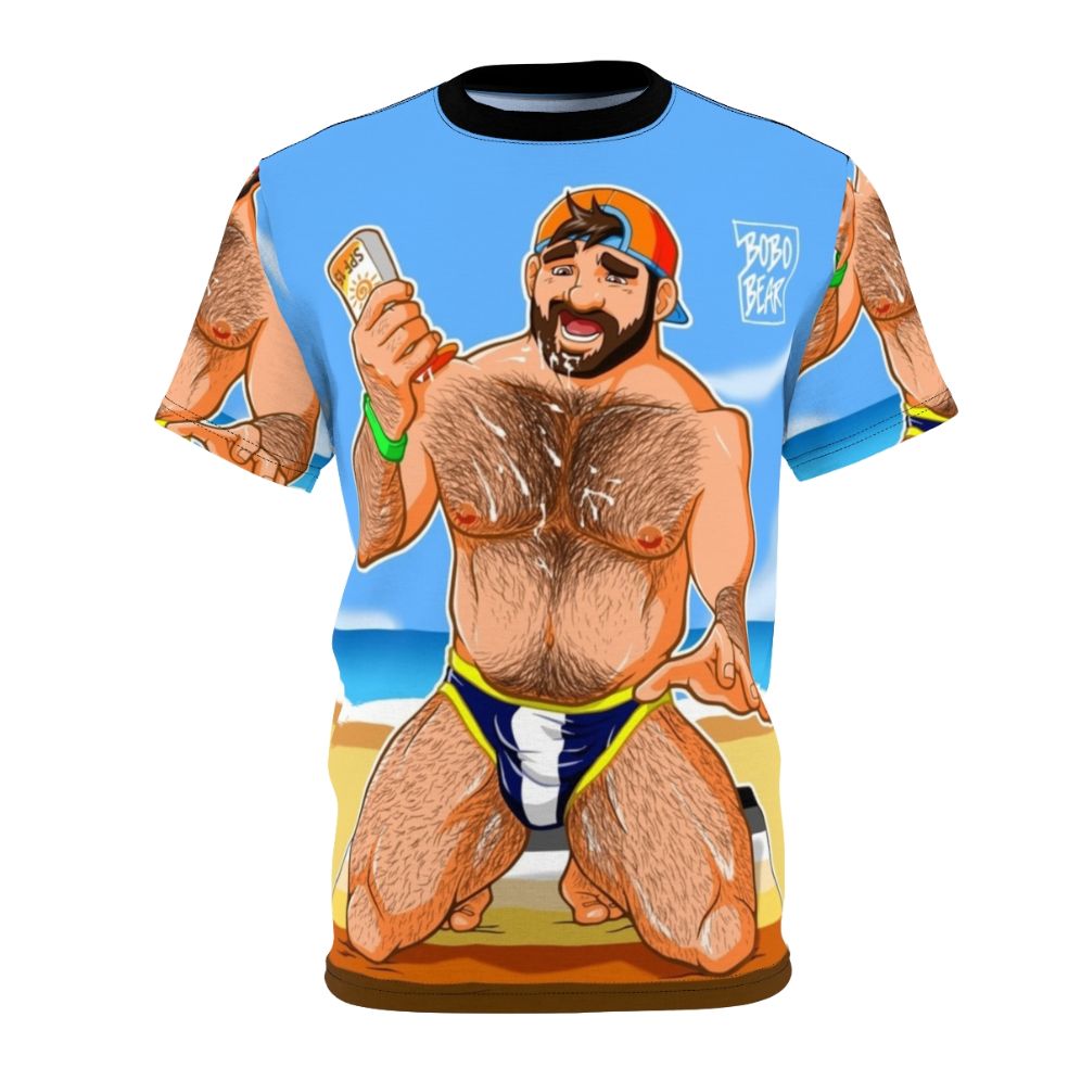 A vibrant and stylish T-shirt featuring a gay bear with a bearded and muscular design, perfect for embracing your pride and enjoying the summer sun.