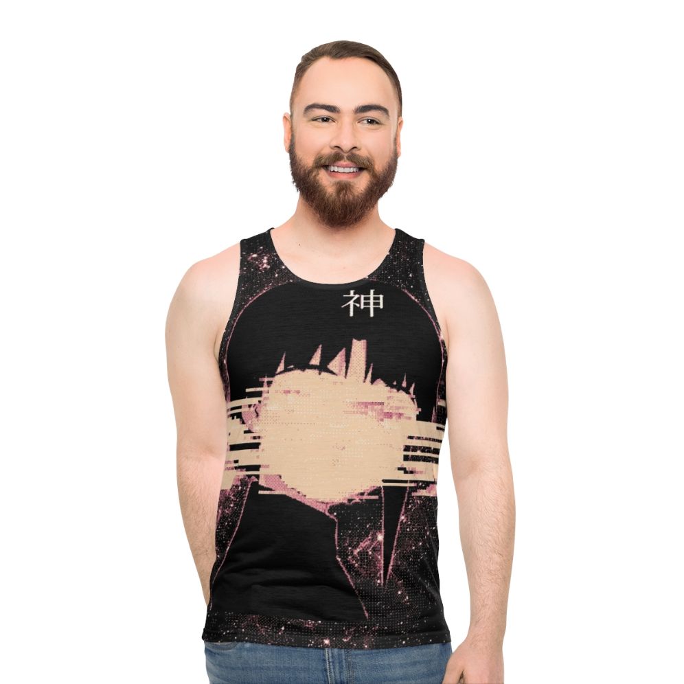 Cosmic unisex tank top with space, glitch and pixel art design - men