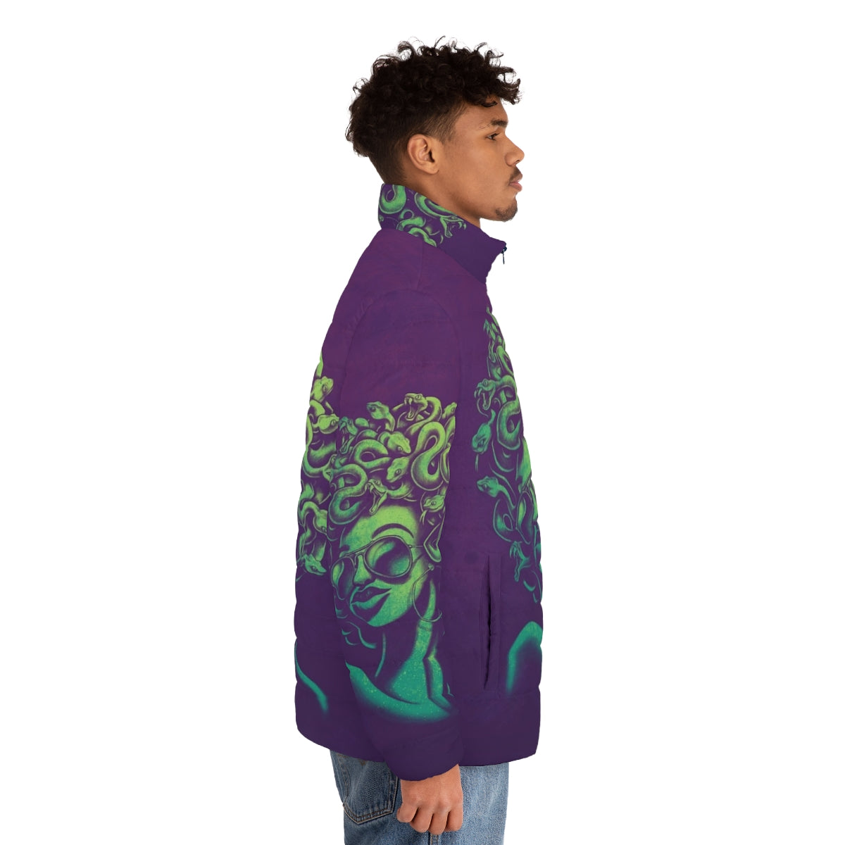 Funky Medusa puffer jacket with unique, mythical design - men side right