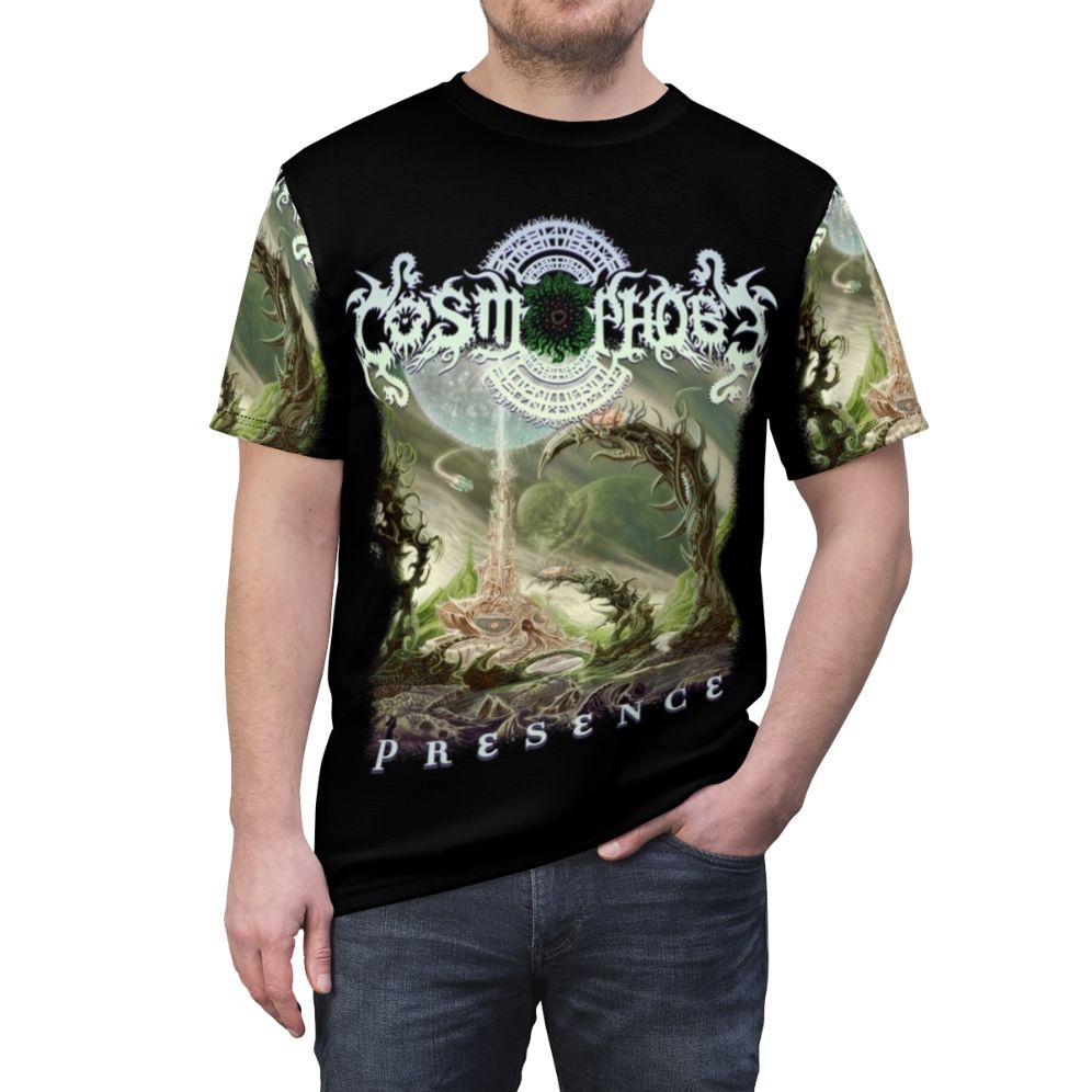 Cosmophobe Presence space-themed t-shirt with a design featuring cosmic elements - men front