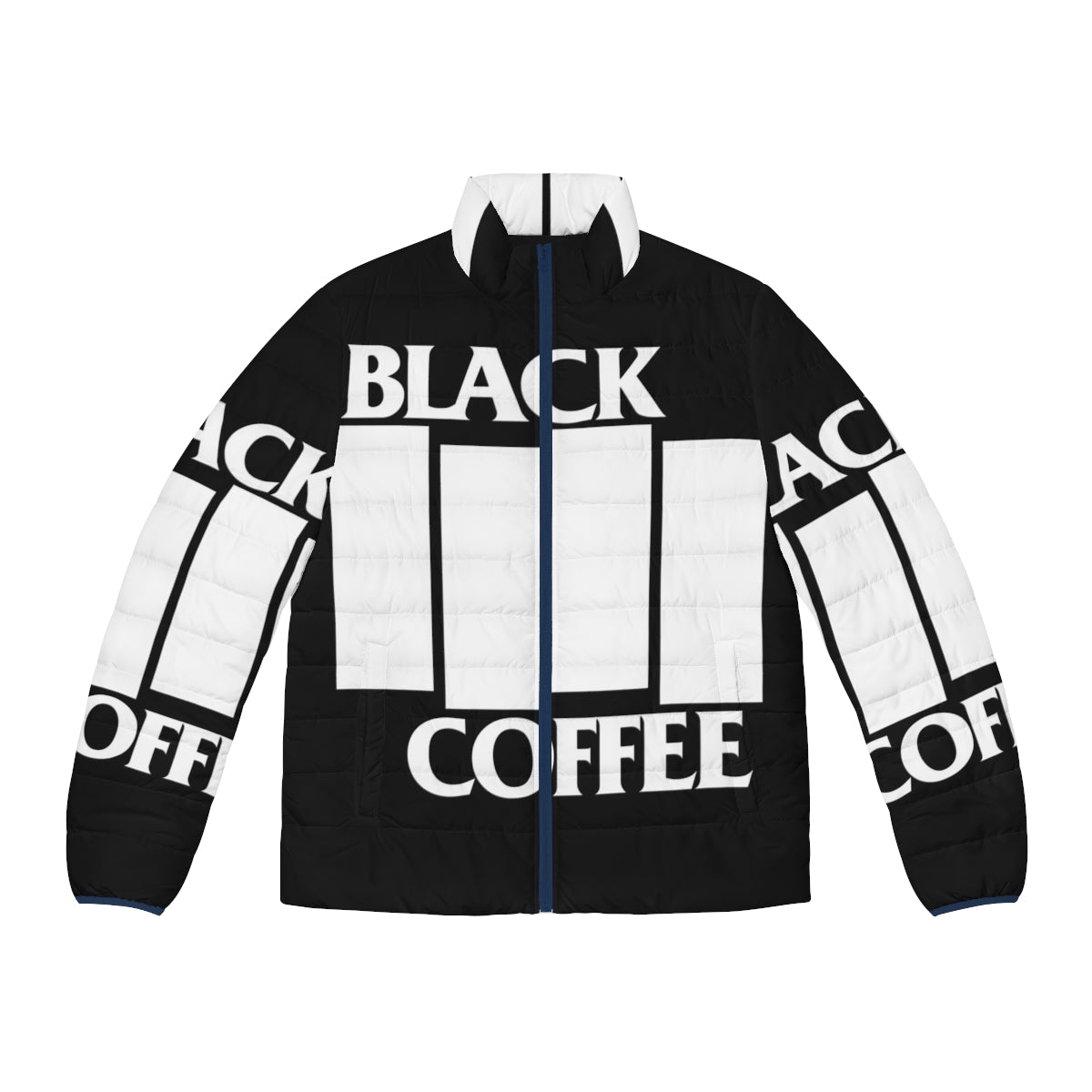 Black Coffee White Puffer Jacket with metal music inspired design