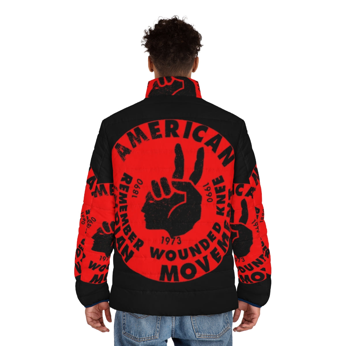 Aim American Indian Movement puffer jacket featuring focus keywords - men back