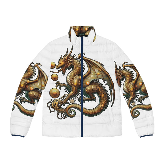 A warm and stylish puffer jacket featuring a majestic bitcoin dragon design