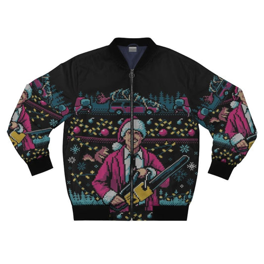 A vintage-style bomber jacket with an ugly Christmas sweater design