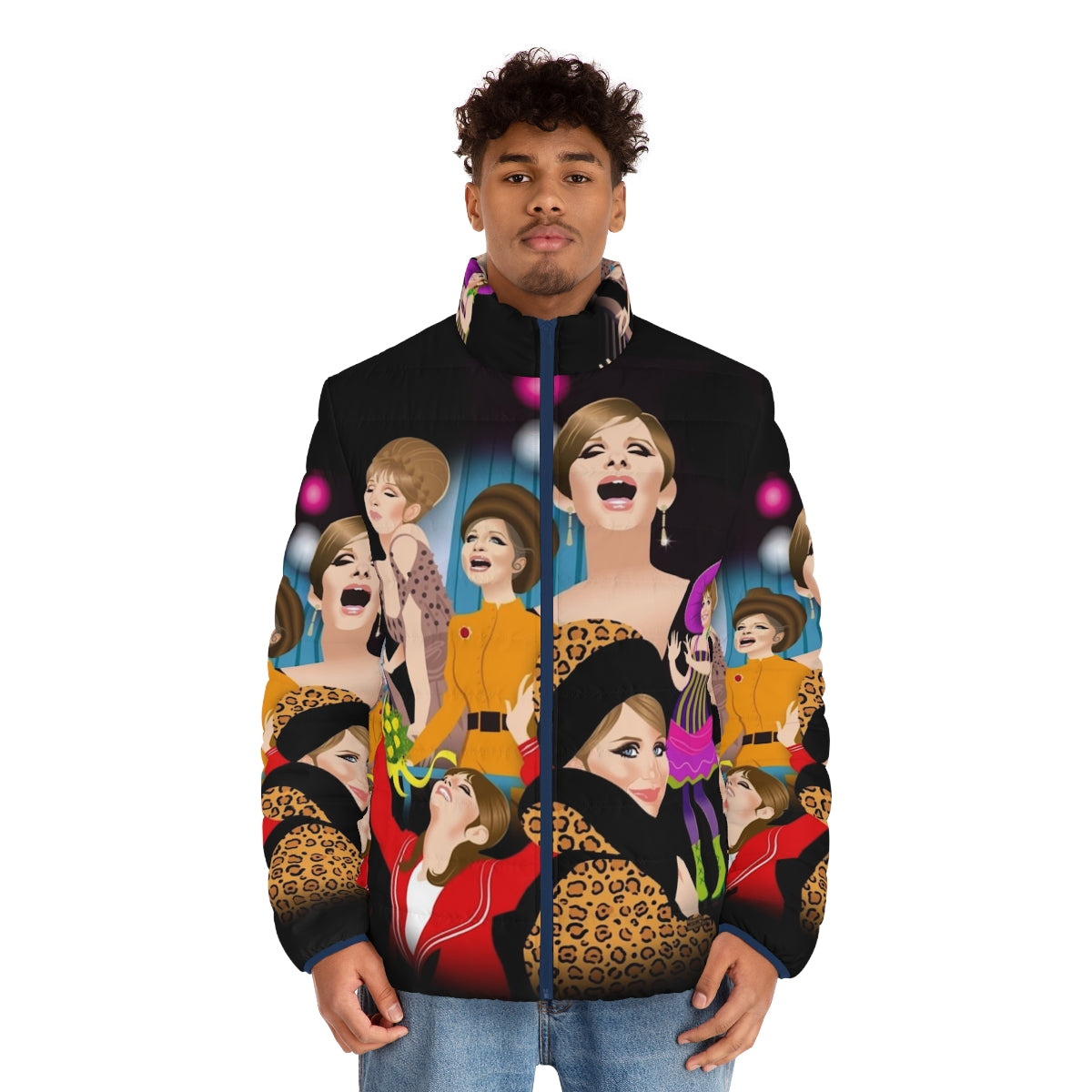 Funny puffer jacket with Alejandro Mogollo art designs - men front