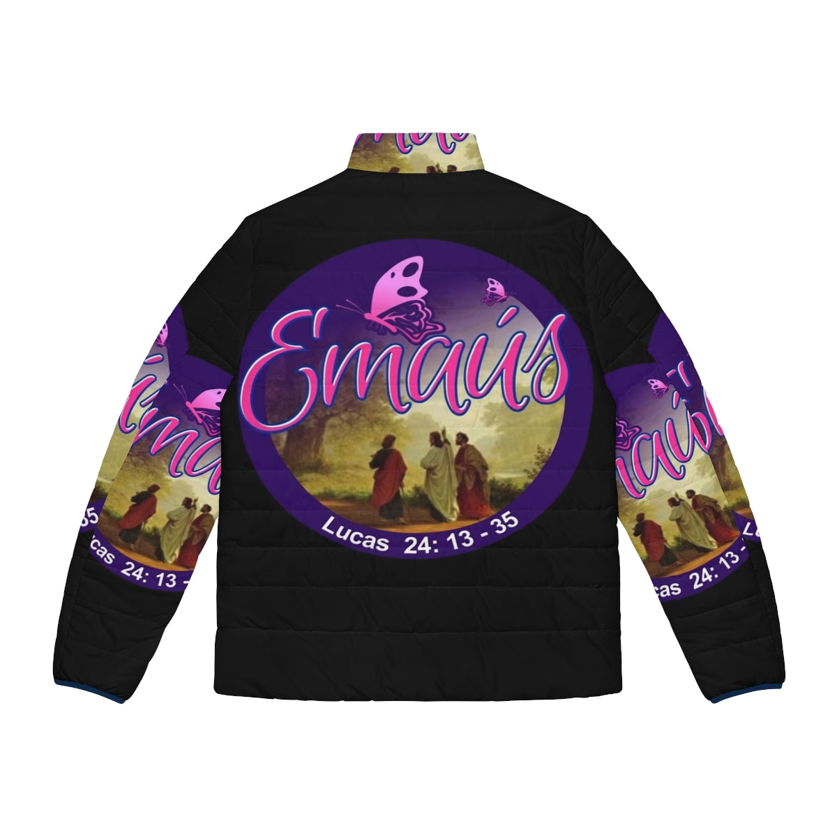 Emmaus Jesus Christ Is Risen Puffer Jacket featuring a design commemorating the resurrection of Christ - Back