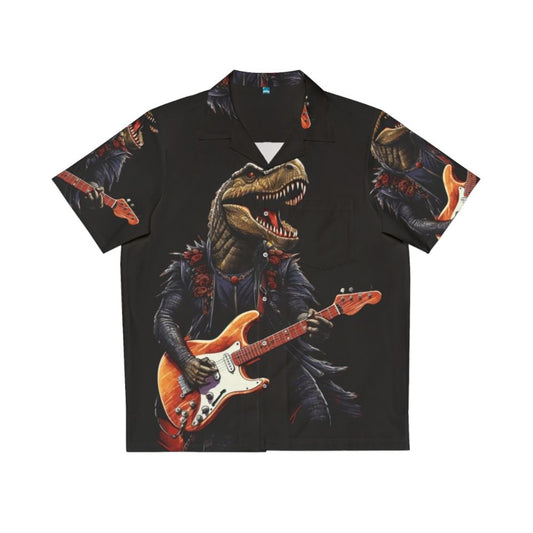 Dinosaur playing guitar graphic on a colorful Hawaiian-style shirt