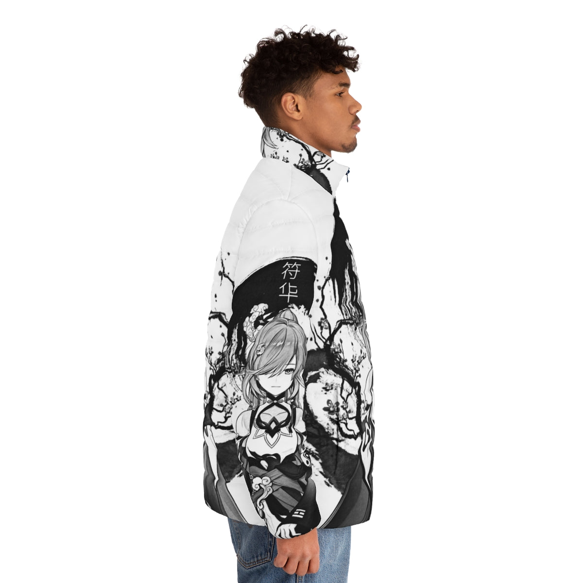 Anime-inspired quiet ink puffer jacket with monochrome design, Honkai Impact and Genshin Impact inspired - men side right