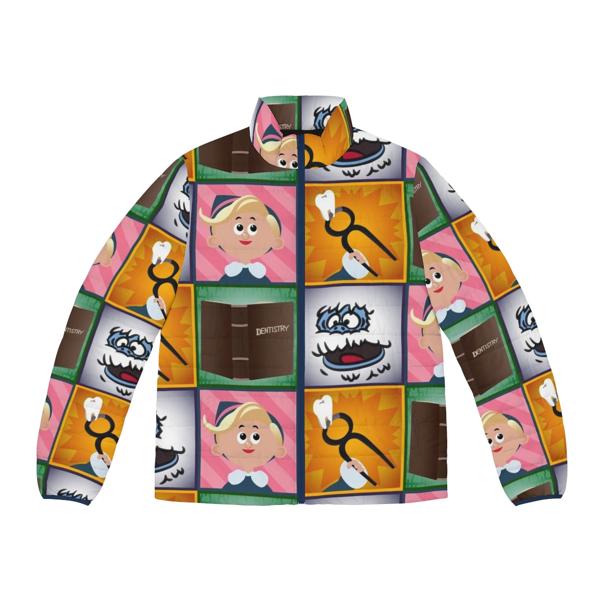 Hermey Squares Puffer Jacket with a festive holiday design