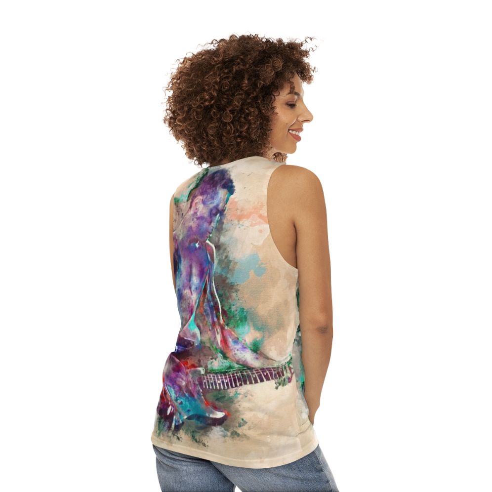 Vibrant guitar boy unisex tank top with watercolor art design - women back