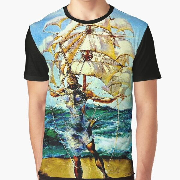 Vintage abstract fantasy painting print of "The Ship" on a graphic t-shirt