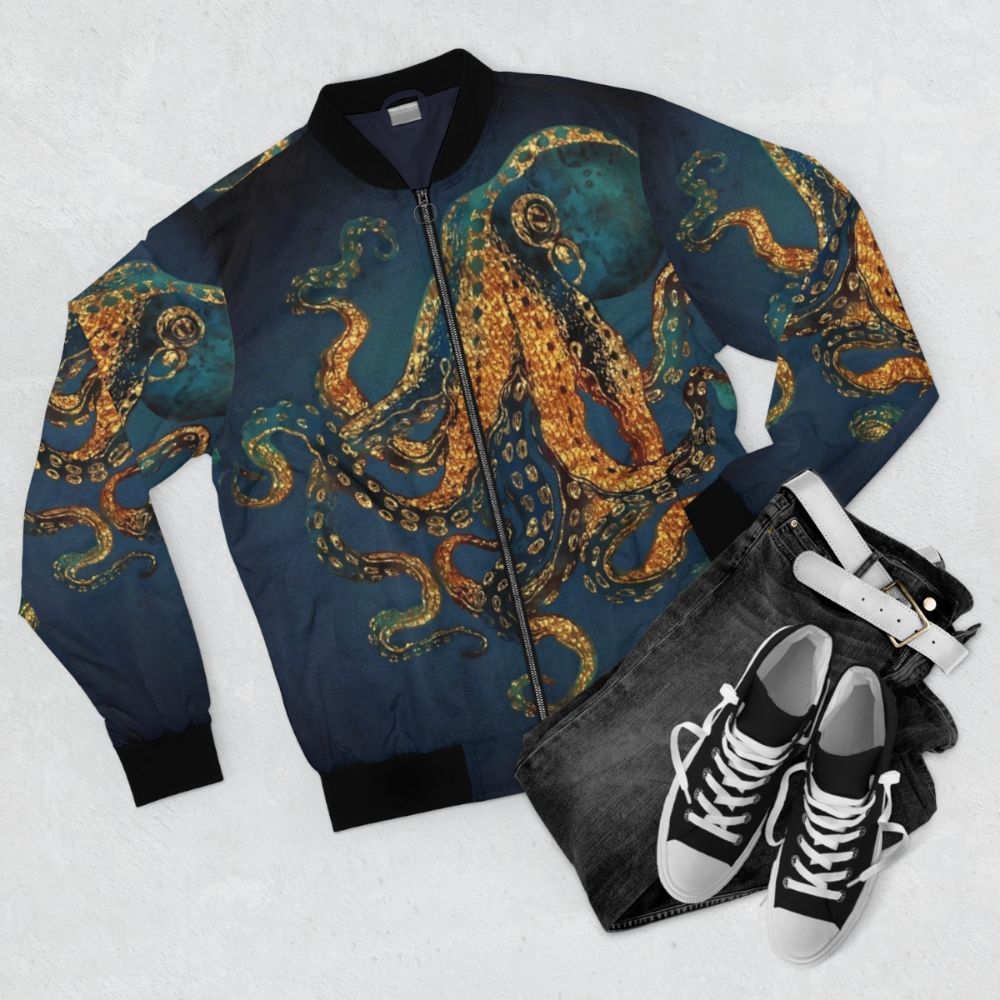 Watercolor octopus bomber jacket with abstract ocean design - Flat lay