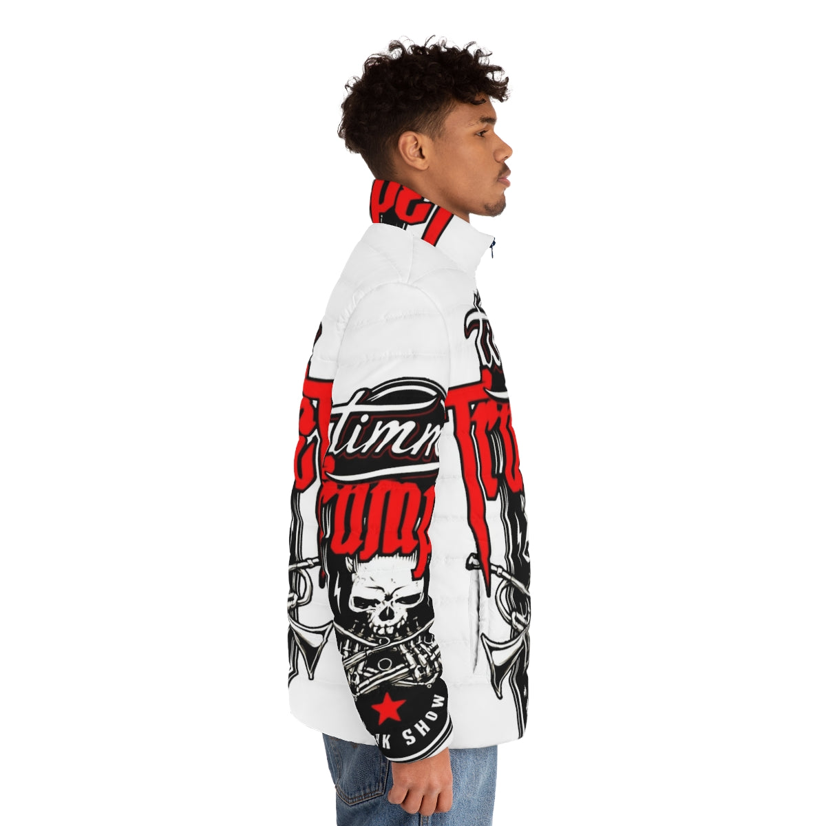 A grunge-inspired puffer jacket featuring a skull design, perfect for Timmy Trumpet and Hardwell fans. - men side right