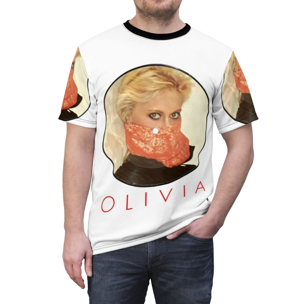 Olivia Newton-John inspired bandana t-shirt featuring retro 1970s disco and pop music vibes - men front