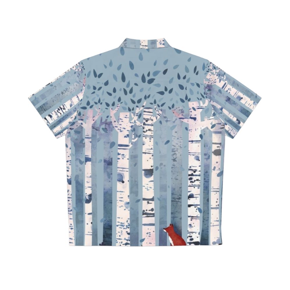 A Hawaiian shirt featuring a watercolor design of birch trees in a blue and green forest landscape - Back