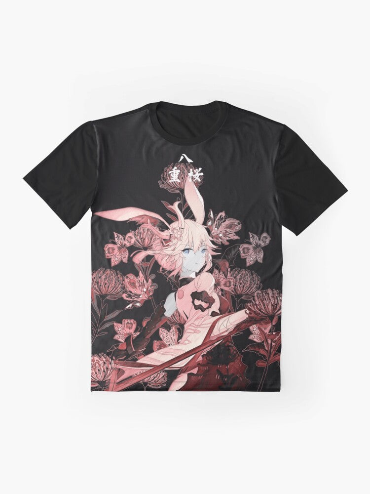 Graphic t-shirt featuring Yae, a samurai character, and the vibrant red higanbana flowers from the Honkai Impact and Genshin Impact games. - Flat lay