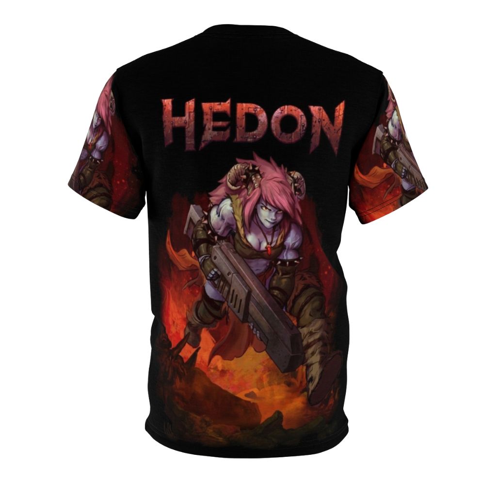 Hedon-inspired fantasy video game character splash art design on an all-over print t-shirt - Back